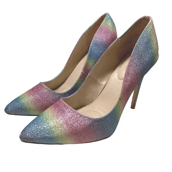 Anne Michelle Hibiscus Heels Womens 8.5 Pastel Rainbow Glitter Mermaid Stiletto - Picture 12 of 16